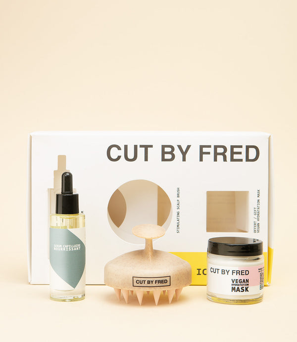 coffret les iconiques de Cut by Fred. Avec Vegan Serum, Scalp Stimulating Brush et Mini Vegan Hydratation mask.