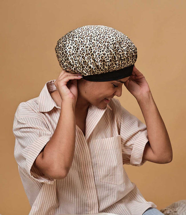 Bonnet de nuit en soie léopard 19 momme pour cheveux – usage nuit