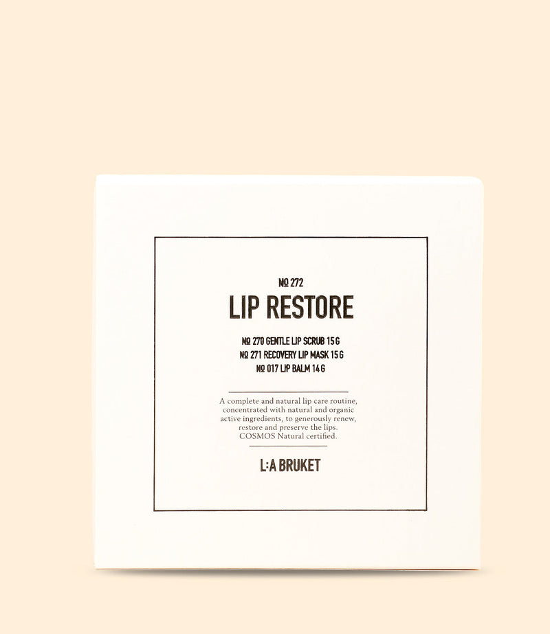 Cofret de soins lèvres Lip Restore N°272 par LA BRUKET avec lip scrub N°270, recovery lip mask N°271 et lip balm N°017 