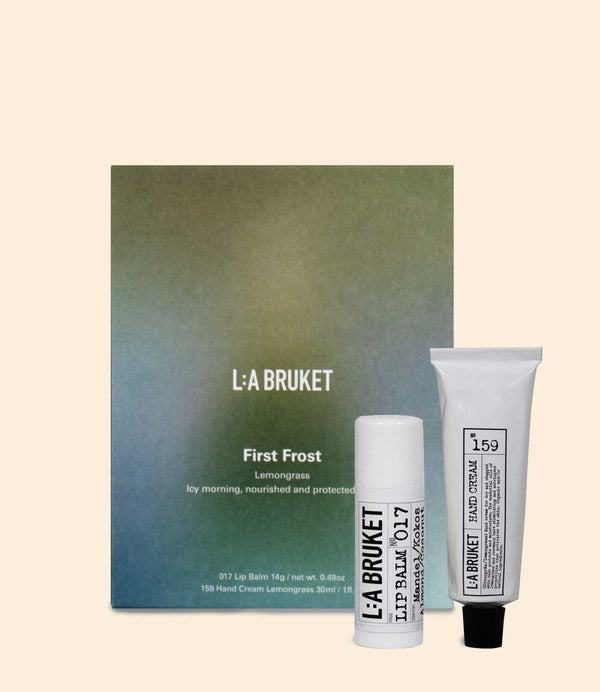 Coffret LA Bruket First Frost Midvinter avec baume à lèvres et crème mains Lemongrass