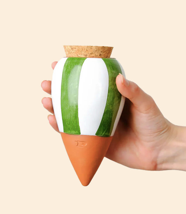 Olla en céramique rayée verte et blanche pour arrosage autonome Pépin