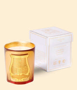 Bougie Classique Galerie des Flammes en verre artisanal miroir couleur or, avec blason Trudon en relief